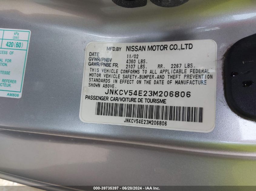 2003 Infiniti G35 VIN: JNKCV54E23M206806 Lot: 39735397