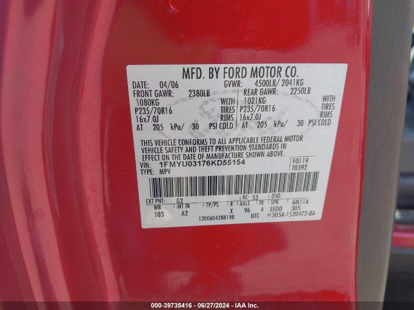 2006 Ford Escape Xlt/Xlt Sport VIN: 1FMYU03176KD55154 Lot: 39735416