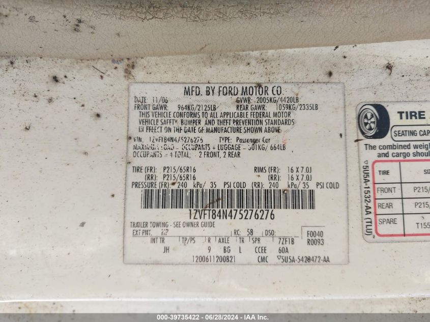 2007 Ford Mustang V6 Deluxe/V6 Premium VIN: 1ZVFT84N475276276 Lot: 39735422