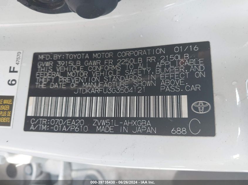 2016 Toyota Prius VIN: JTDKARFU3G3504121 Lot: 39735430