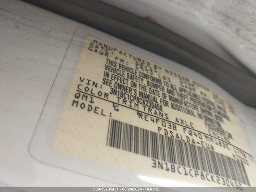 2012 Nissan Versa 1.8 S VIN: 3N1BC1CP8CK230450 Lot: 39735431