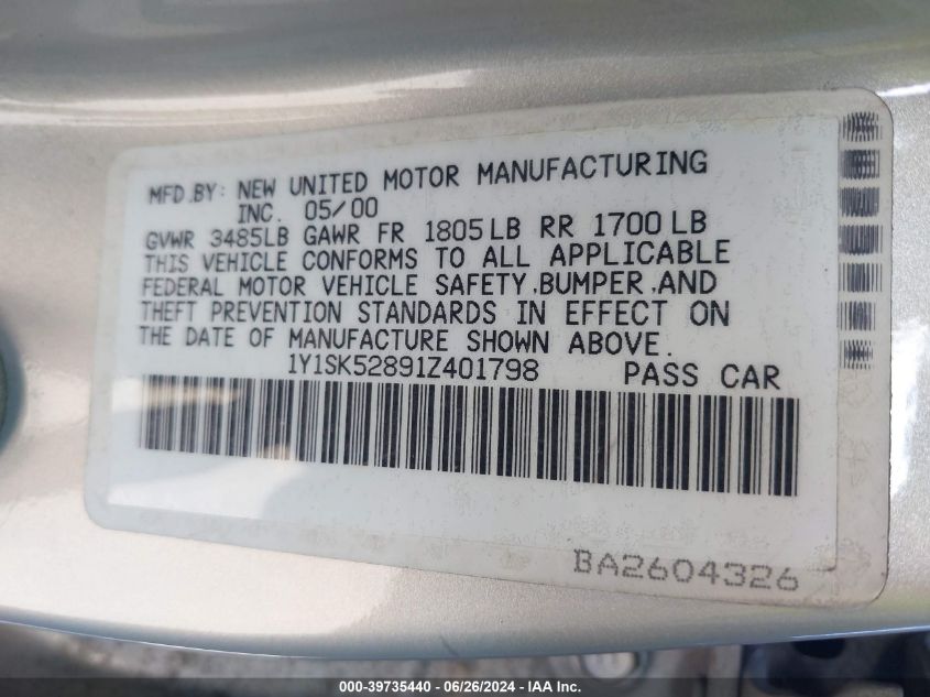 2001 Chevrolet Prizm VIN: 1Y1SK52891Z401798 Lot: 39735440