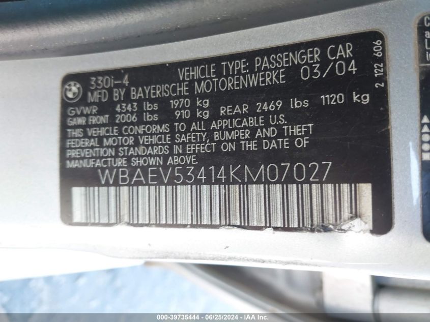 2004 BMW 330I VIN: WBAEV53414KM07027 Lot: 39735444