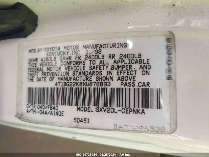 1999 Toyota Camry Le VIN: 4T1BG22K8XU876893 Lot: 39735454