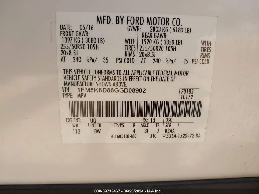 2016 Ford Explorer Xlt VIN: 1FM5K8D86GGD08902 Lot: 39735467