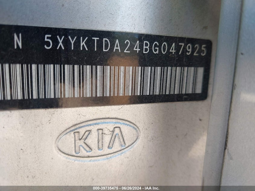 2011 Kia Sorento Lx V6 VIN: 5XYKTDA24BG047925 Lot: 39735475