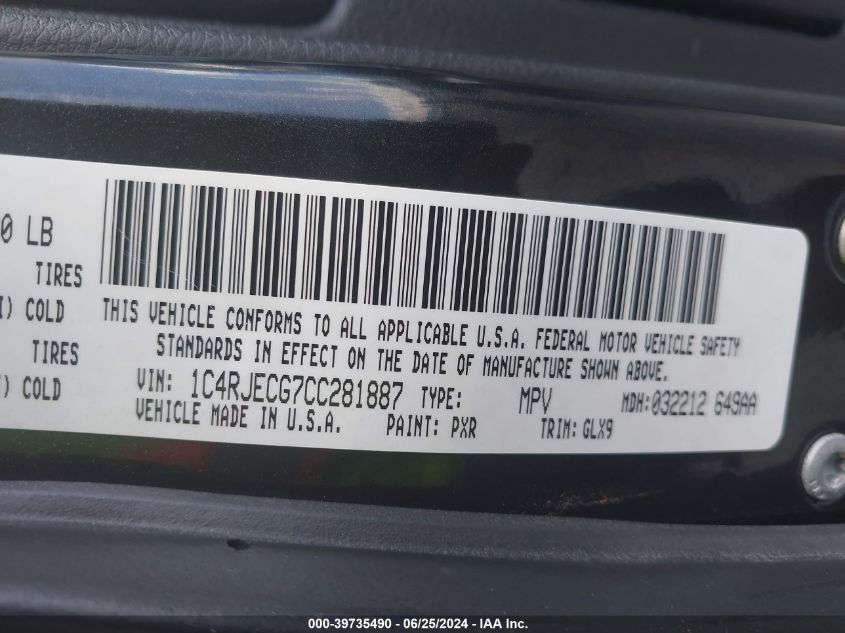 2012 Jeep Grand Cherokee Overland VIN: 1C4RJECG7CC281887 Lot: 39735490