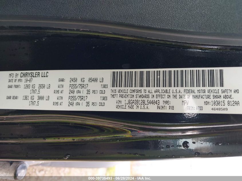 2008 Jeep Wrangler Unlimited X VIN: 1J8GA39128L544043 Lot: 39735493