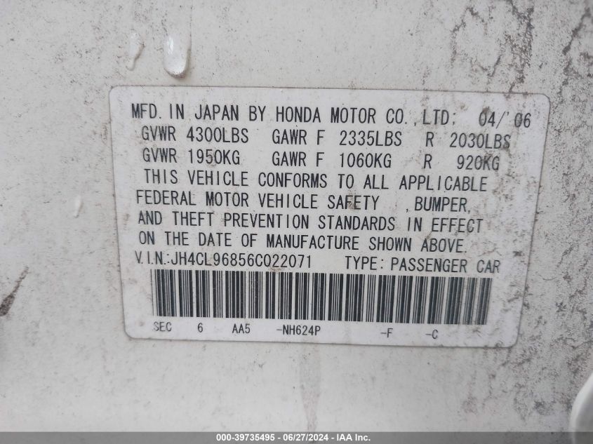 2006 Acura Tsx VIN: JH4CL96856C022071 Lot: 39735495