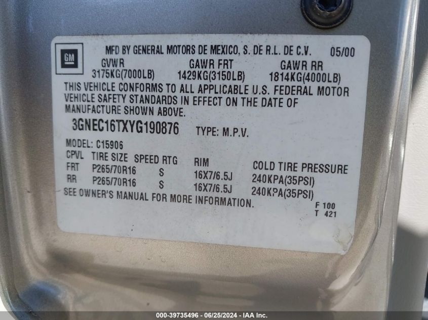 2000 Chevrolet Suburban 1500 Ls VIN: 3GNEC16TXYG190876 Lot: 39735496
