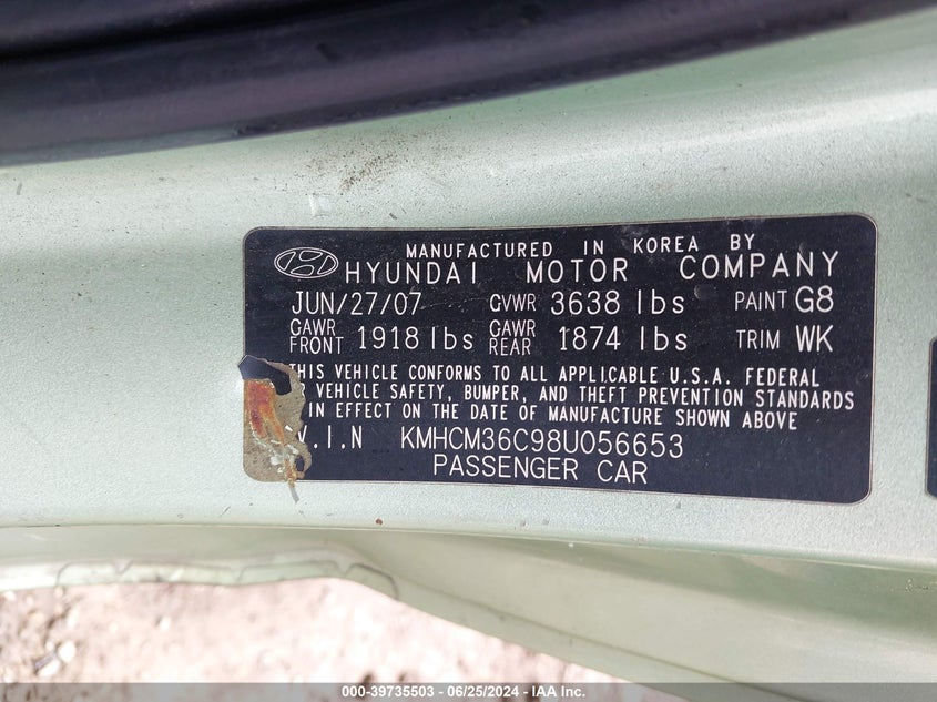 2008 Hyundai Accent Gs VIN: KMHCM36C98U056653 Lot: 39735503