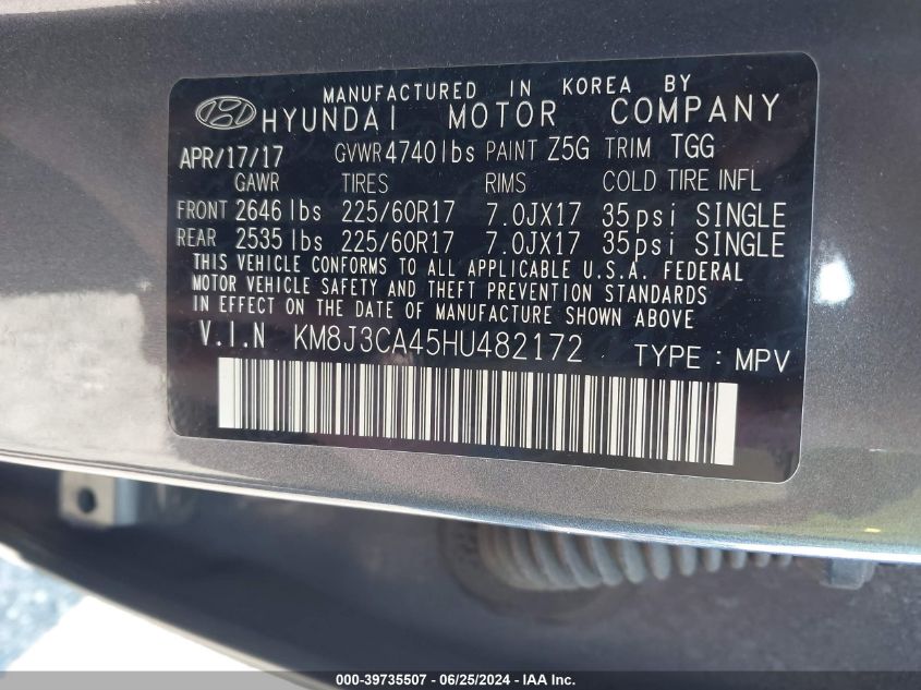 KM8J3CA45HU482172 2017 Hyundai Tucson Limited/Sport And Eco/Se