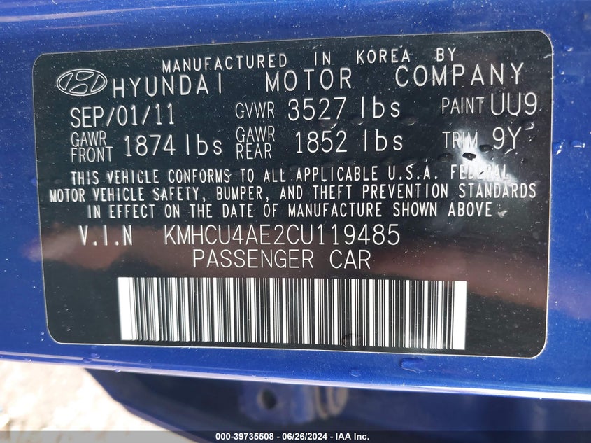 2012 Hyundai Accent Gls VIN: KMHCU4AE2CU119485 Lot: 39735508