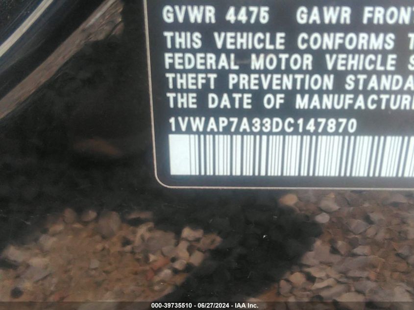 2013 Volkswagen Passat 2.5L S VIN: 1VWAP7A33DC147870 Lot: 39735510