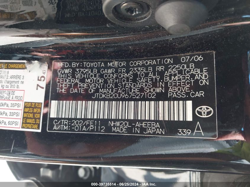 2006 Toyota Prius VIN: JTDKB20U967527102 Lot: 39735514