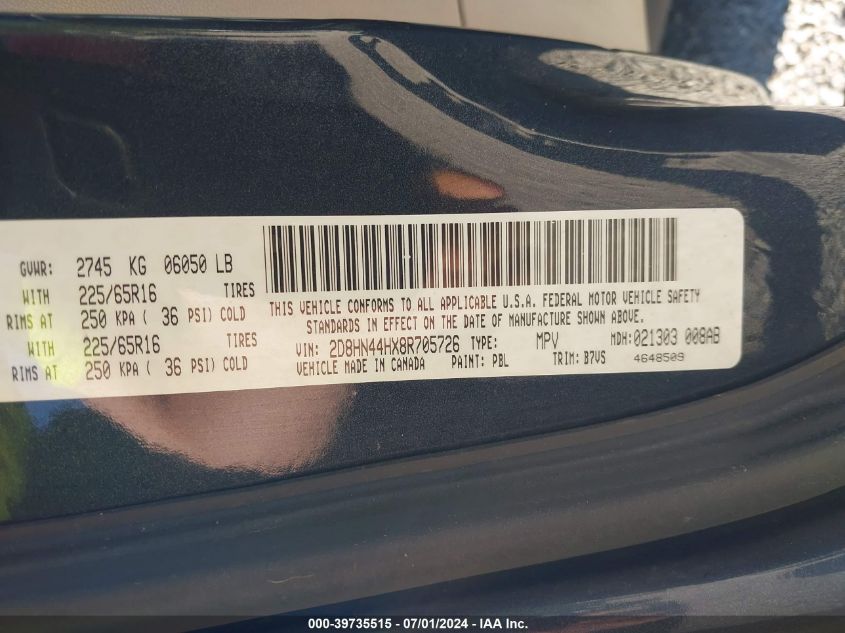 2008 Dodge Grand Caravan Se VIN: 2D8HN44HX8R705726 Lot: 39735515