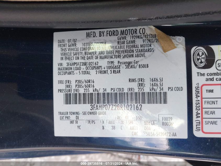 2008 Ford Fusion Se VIN: 3FAHP07Z28R102162 Lot: 39735516