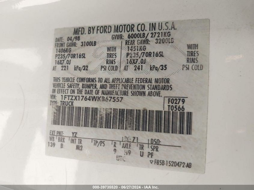 1998 Ford F-150 Lariat/Standard/Xl/Xlt VIN: 1FTZX1764WKB67557 Lot: 39735520