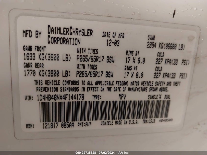 2004 Dodge Durango Slt VIN: 1D4HB48NX4F144178 Lot: 39735528