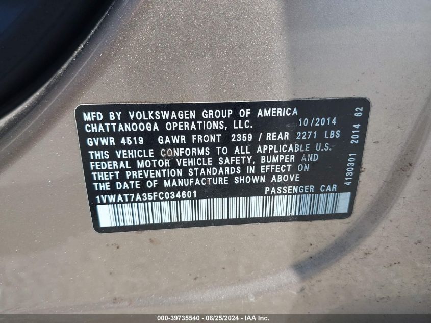 2015 Volkswagen Passat 1.8T Wolfsburg Edition VIN: 1VWAT7A35FC034601 Lot: 39735540