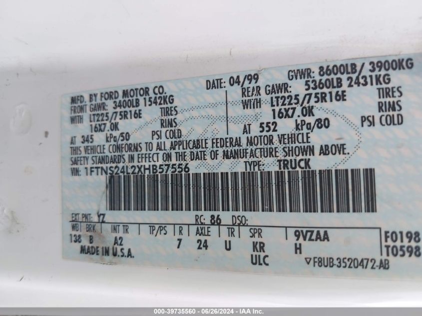 1999 Ford E-250 Commercial/Recreational VIN: 1FTNS24L2XHB57556 Lot: 39735560