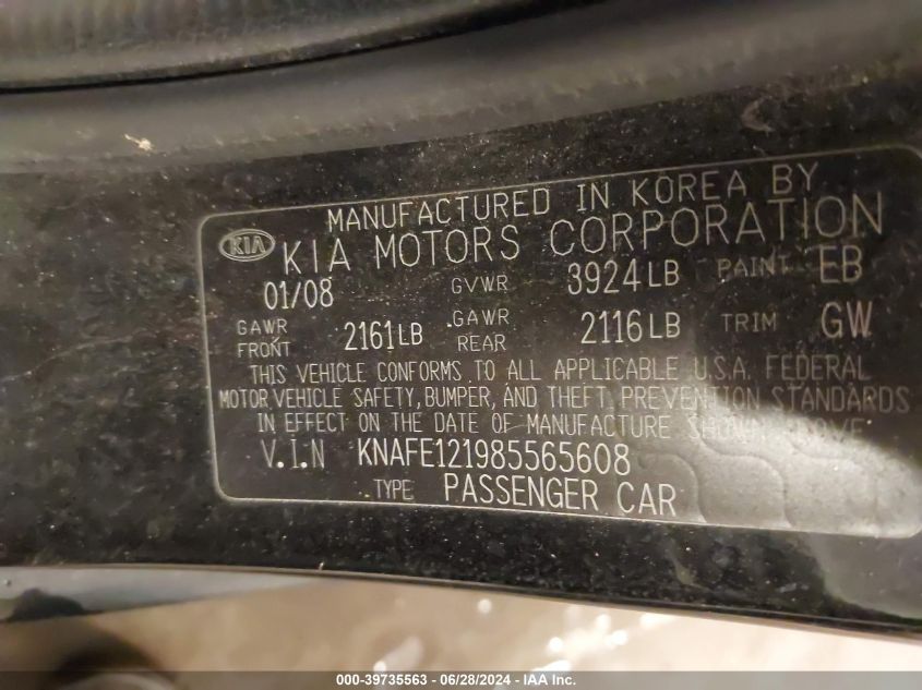 2008 Kia Spectra Ex VIN: KNAFE121985565608 Lot: 39735563