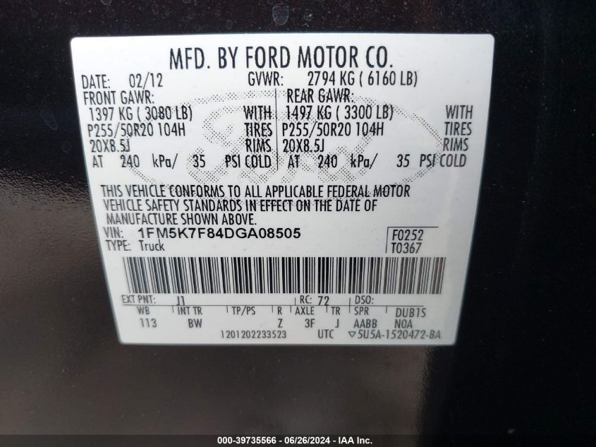 2013 Ford Explorer Limited VIN: 1FM5K7F84DGA08505 Lot: 39735566