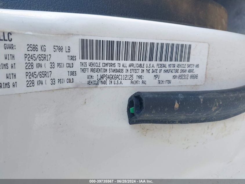 2010 Jeep Grand Cherokee Laredo VIN: 1J4PS4GK6AC112125 Lot: 39735567