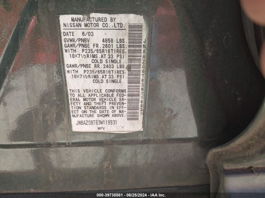 2003 Nissan Murano Sl VIN: JN8AZ08T63W119931 Lot: 39735581