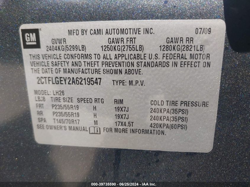 2010 GMC Terrain Slt-1 VIN: 2CTFLGEY2A6219547 Lot: 39735590