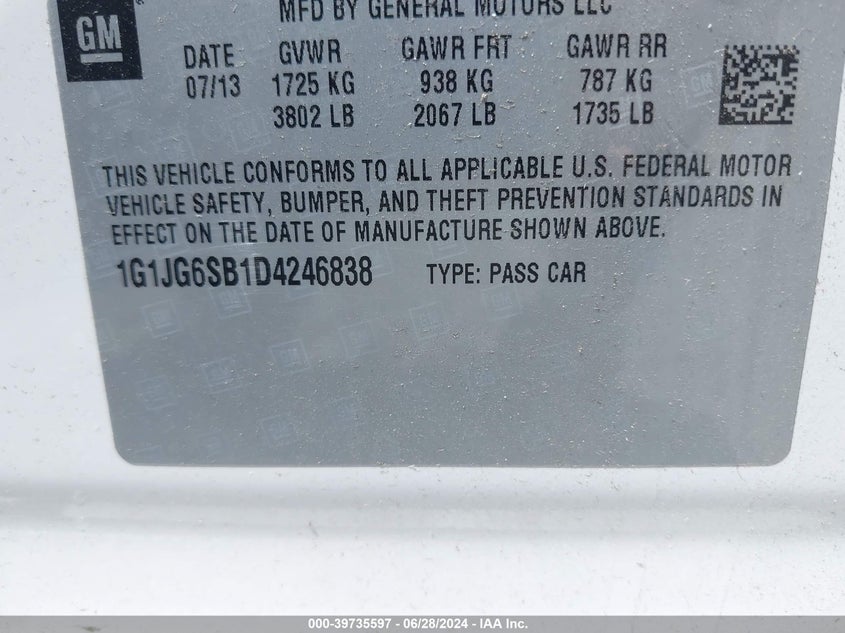 2013 Chevrolet Sonic Rs VIN: 1G1JG6SB1D4246838 Lot: 39735597