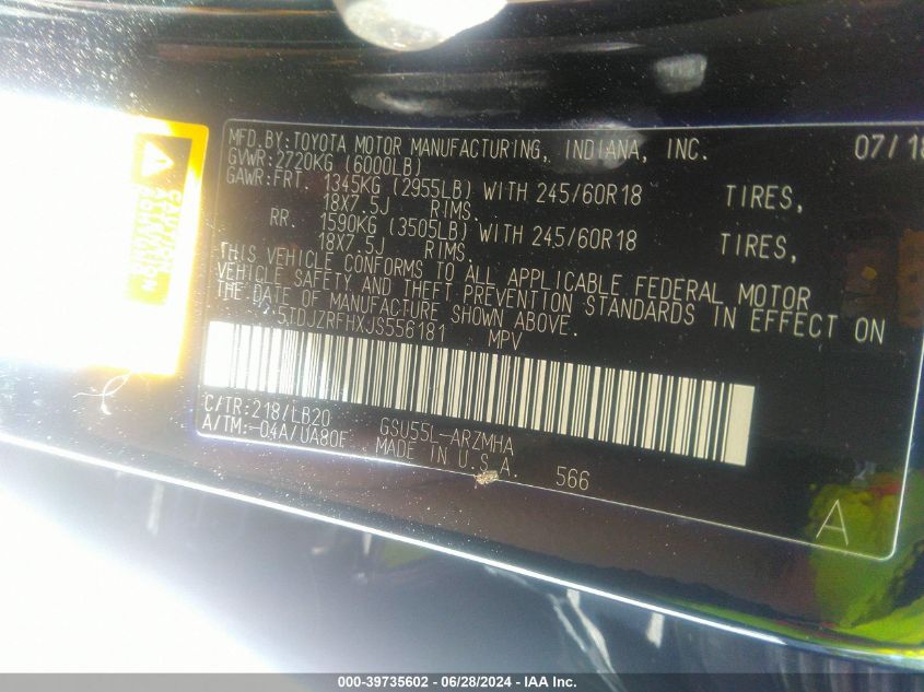 2018 Toyota Highlander Se/Xle VIN: 5TDJZRFHXJS556181 Lot: 39735602