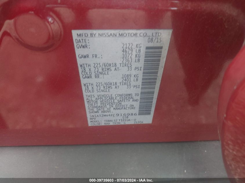 2015 Nissan Rogue Sl VIN: 5N1AT2MV4FC916986 Lot: 39735603