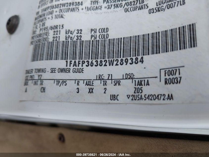 2002 Ford Focus Se/Ztw VIN: 1FAFP36382W289384 Lot: 39735621