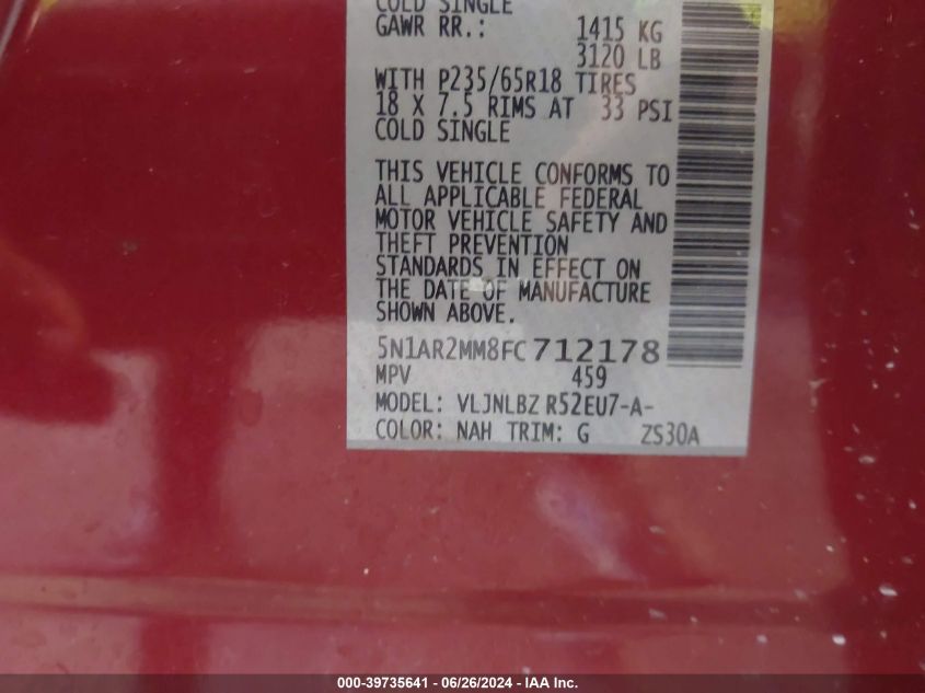 2015 Nissan Pathfinder S/Sv/Sl/Platinum VIN: 5N1AR2MM8FC712178 Lot: 39735641