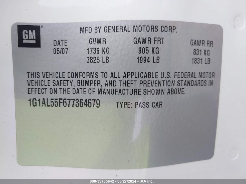 2007 Chevrolet Cobalt Lt VIN: 1G1AL55F677364679 Lot: 39735642