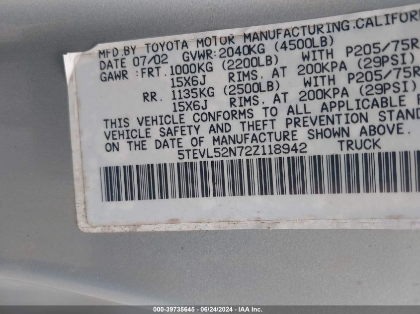 2002 Toyota Tacoma VIN: 5TEVL52N72Z118942 Lot: 39735645