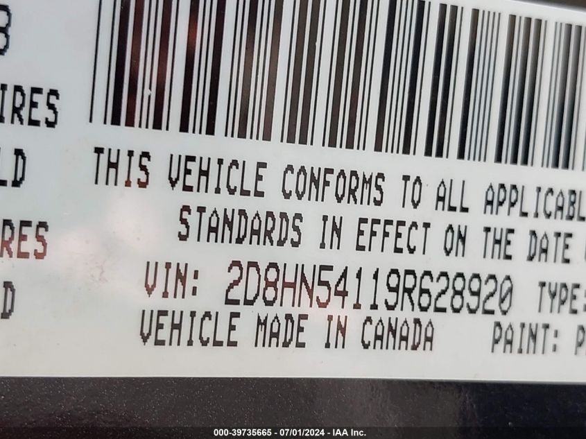 2009 Dodge Grand Caravan Sxt VIN: 2D8HN54119R628920 Lot: 39735665