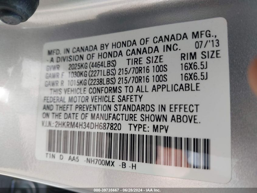 2013 Honda Cr-V Lx VIN: 2HKRM4H34DH687820 Lot: 39735667