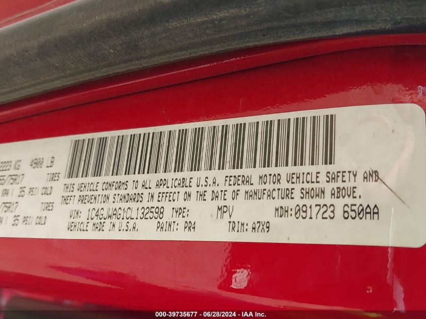 2012 Jeep Wrangler Sport VIN: 1C4GJWAG1CL132598 Lot: 39735677