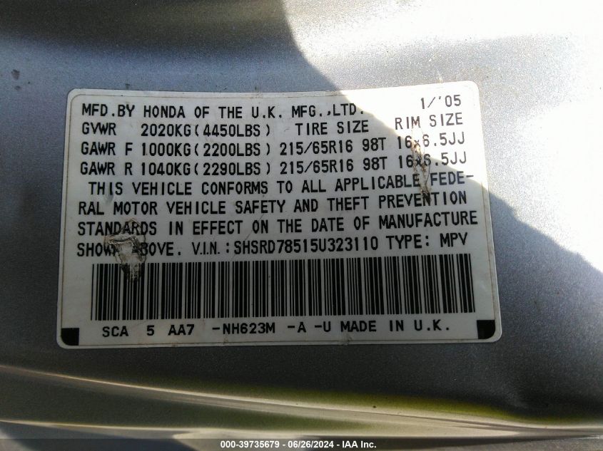 2005 Honda Cr-V Lx VIN: SHSRD78515U323110 Lot: 39735679