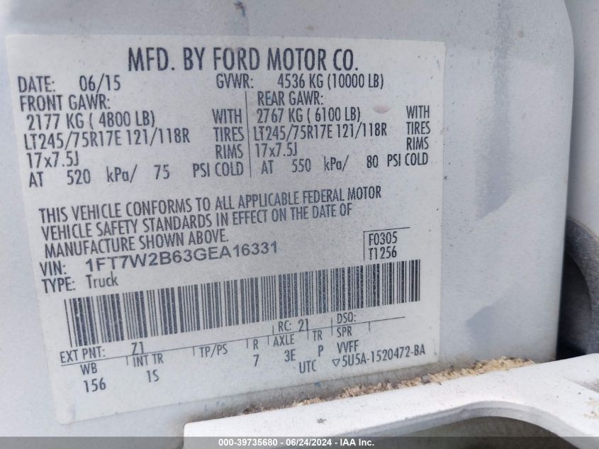 2016 Ford F-250 Xl VIN: 1FT7W2B63GEA16331 Lot: 39735680