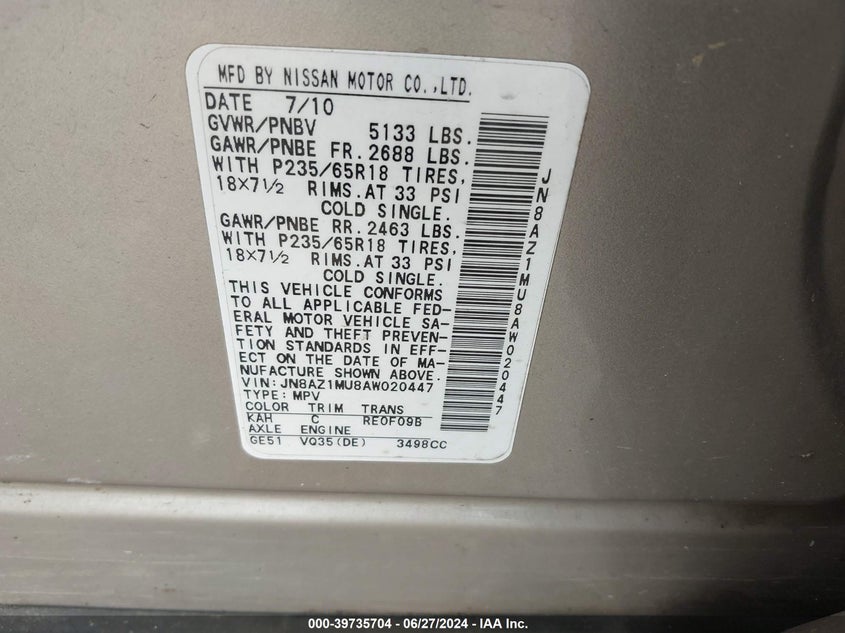 2010 Nissan Murano S/Sl/Le VIN: JN8AZ1MU8AW020447 Lot: 39735704