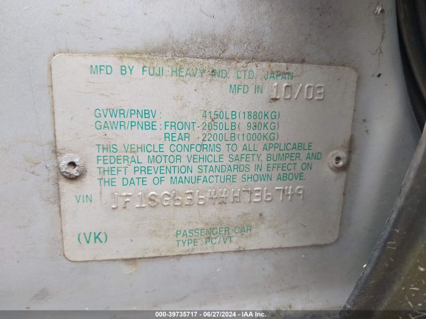 2004 Subaru Forester 2.5X VIN: JF1SG63644H736749 Lot: 39735717