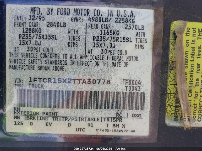 1996 Ford Ranger Super Cab VIN: 1FTCR15X2TTA30778 Lot: 39735724