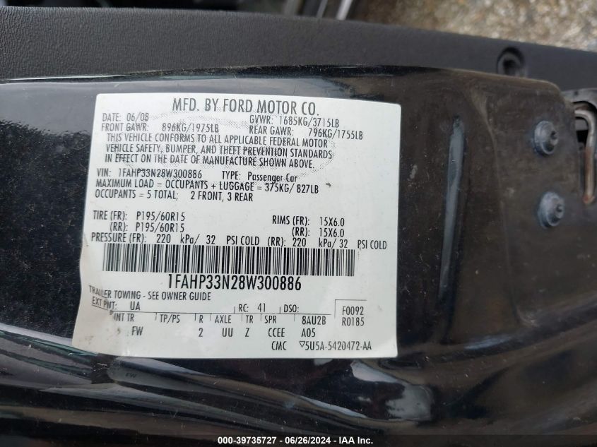 2008 Ford Focus Se/Ses VIN: 1FAHP33N28W300886 Lot: 39735727