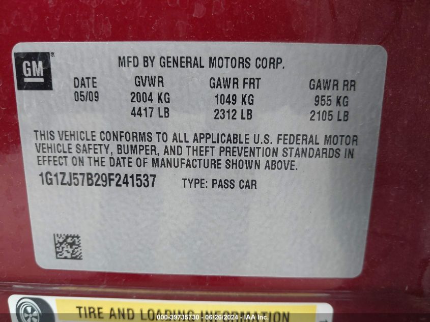 2009 Chevrolet Malibu Lt VIN: 1G1ZJ57B29F241537 Lot: 39735730