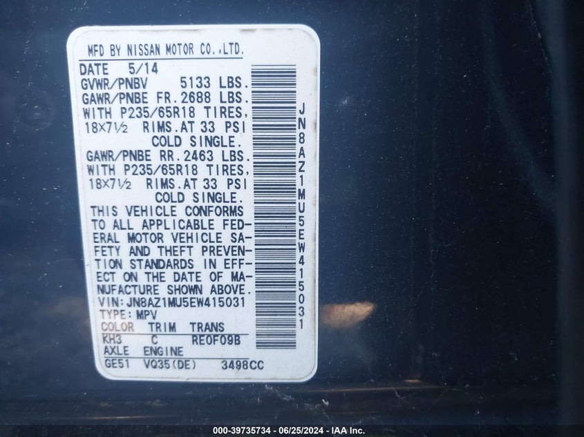 2014 Nissan Murano Sv VIN: JN8AZ1MU5EW415031 Lot: 39735734