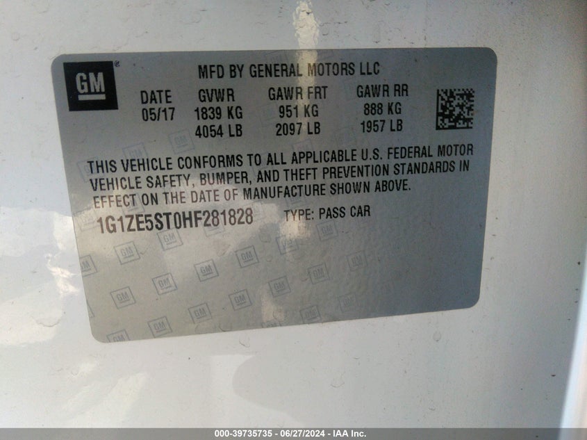 2017 Chevrolet Malibu 1Lt VIN: 1G1ZE5ST0HF281828 Lot: 39735735