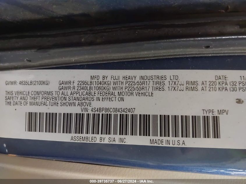 2008 Subaru Outback 3.0R L.l. Bean Edition VIN: 4S4BP86C084342407 Lot: 39735737